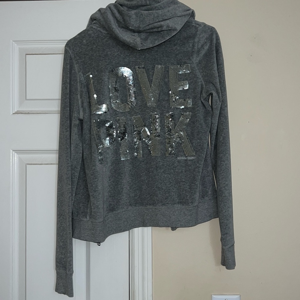 Victoria Secret PINK Gray & Silver Full Zip Sweater With Hoodie Size: Small